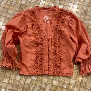 Free People prairie style  Button-Front blouse with embroidered detail. Size S/P